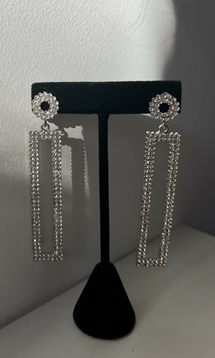 EA090 Silver large rhinestone rectangle earrings